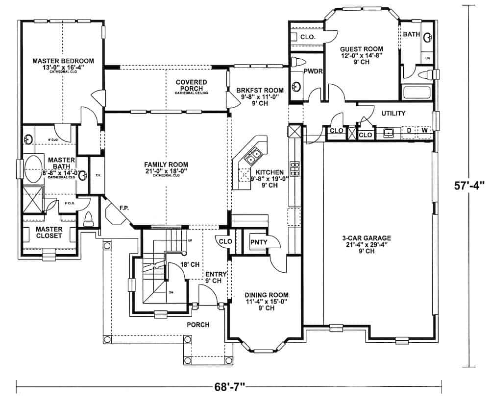 Floor Plan Main Level of European Plan #120-1983