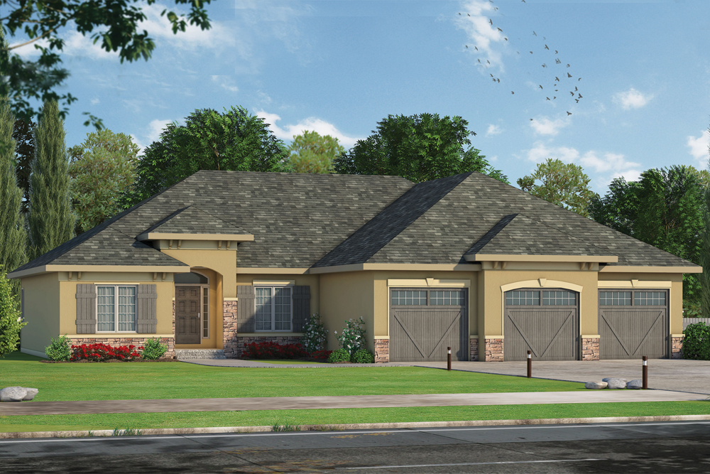 Front elevation of Tuscan home (ThePlanCollection: House Plan #120-2499)