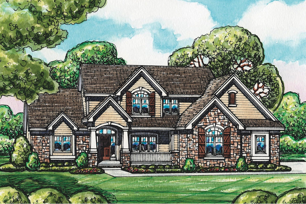 Color rendering of European home plan (ThePlanCollection: House Plan #120-2549)