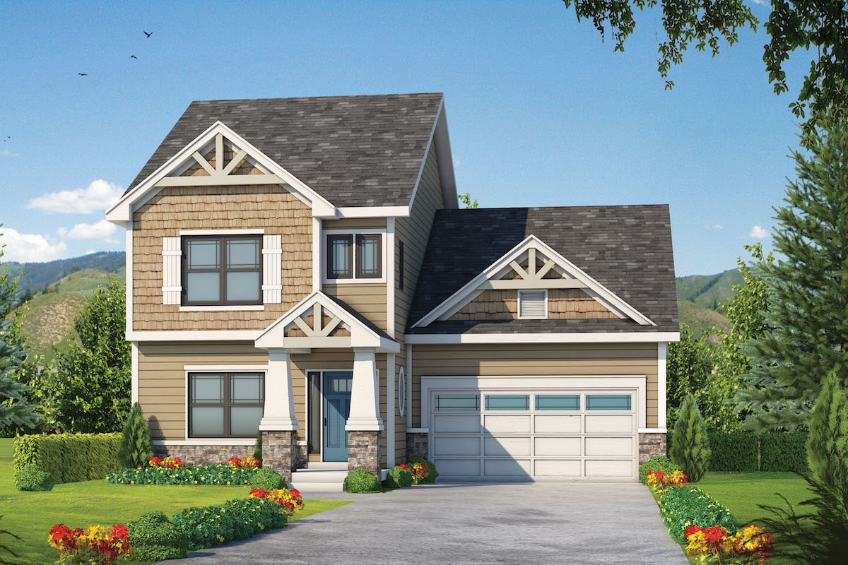 Front elevation of Craftsman home (ThePlanCollection: House Plan #120-2574)