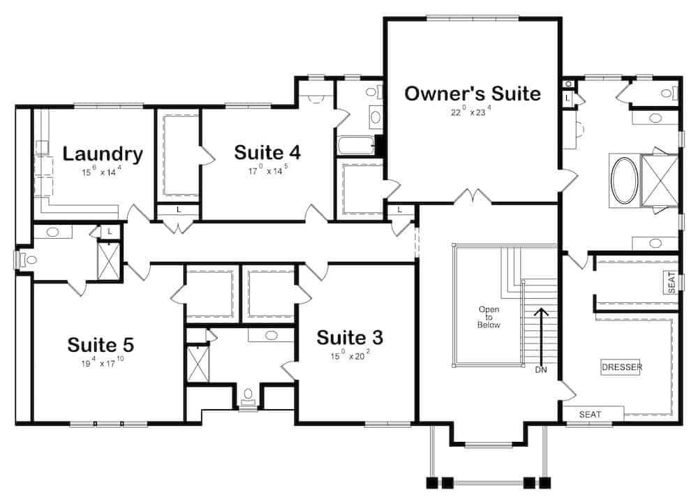 Floor Plan Upper Level of European Plan #120-2600