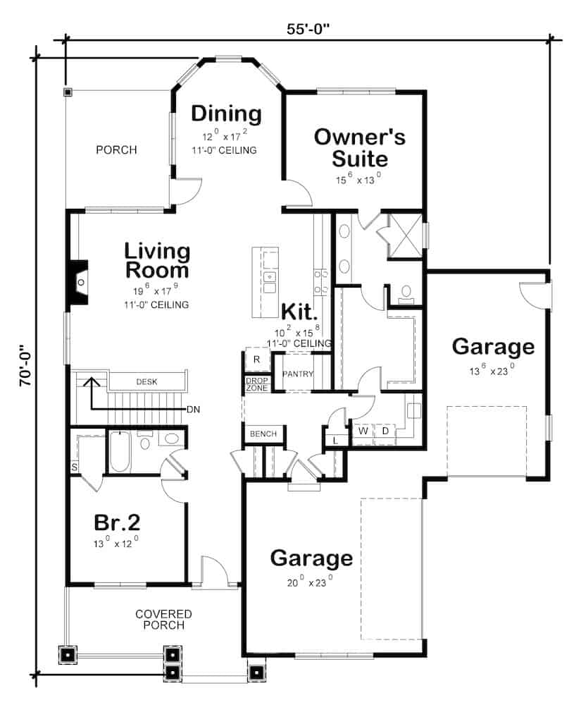 Floor Plan Main Level of Ranch Plan #120-2602