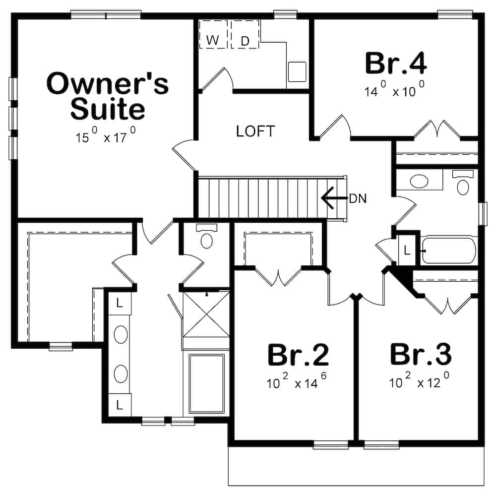 Floor Plan Upper Level of Farmhouse Plan #120-2607