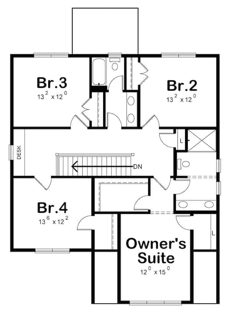 Floor Plan Upper Level of Farmhouse Plan #120-2608