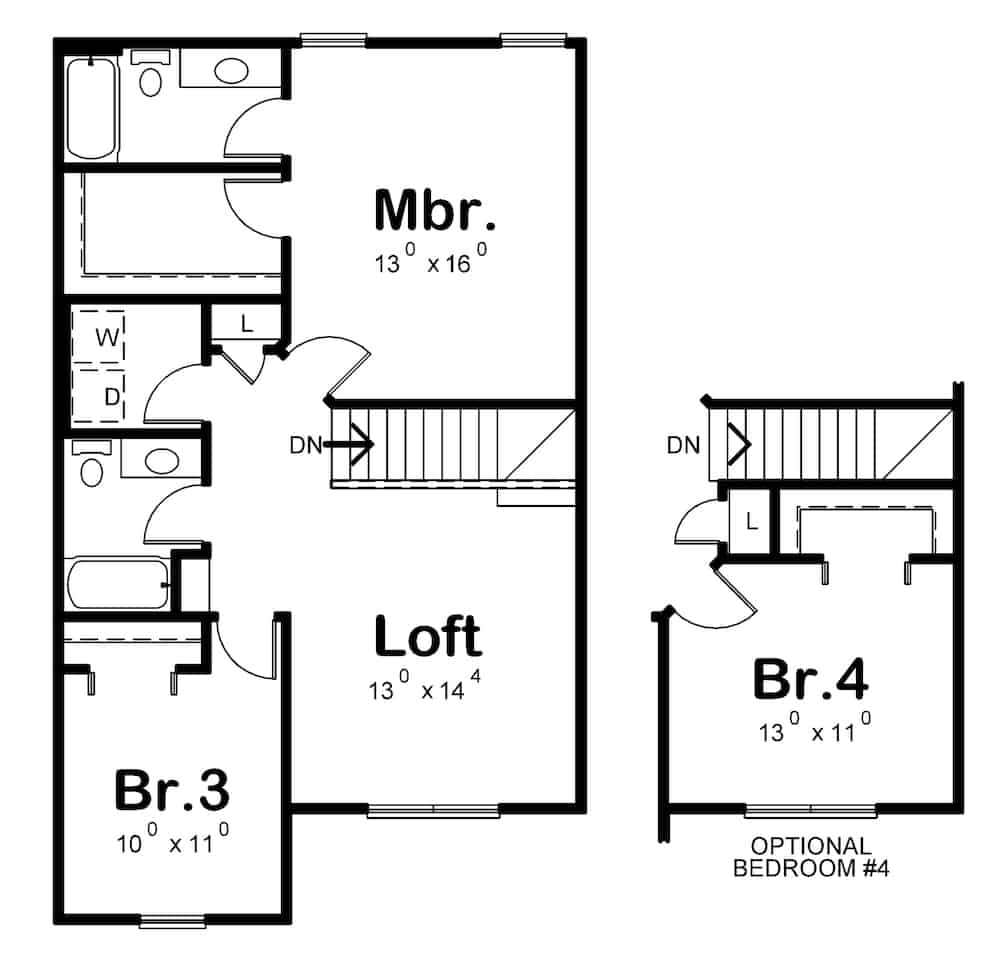 Floor Plan Upper Level of Traditional Plan #120-2635