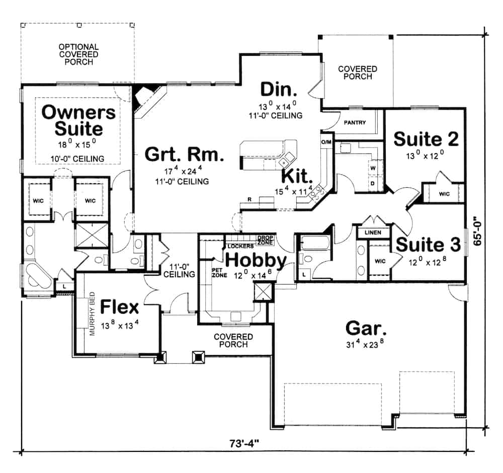 Floor Plan Main Level of Ranch Plan #120-2643