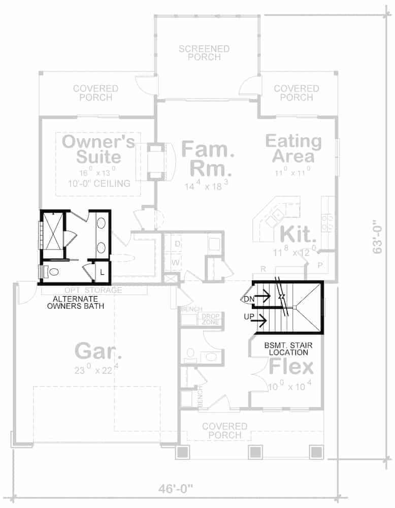 Floor Plan Main Level of Farmhouse Plan #120-2674
