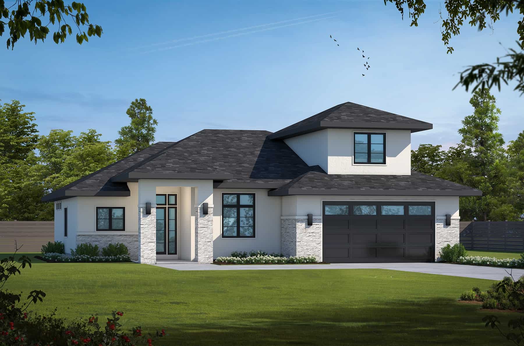 Front elevation of Modern Prairie home (ThePlanCollection: House Plan #120-2742)