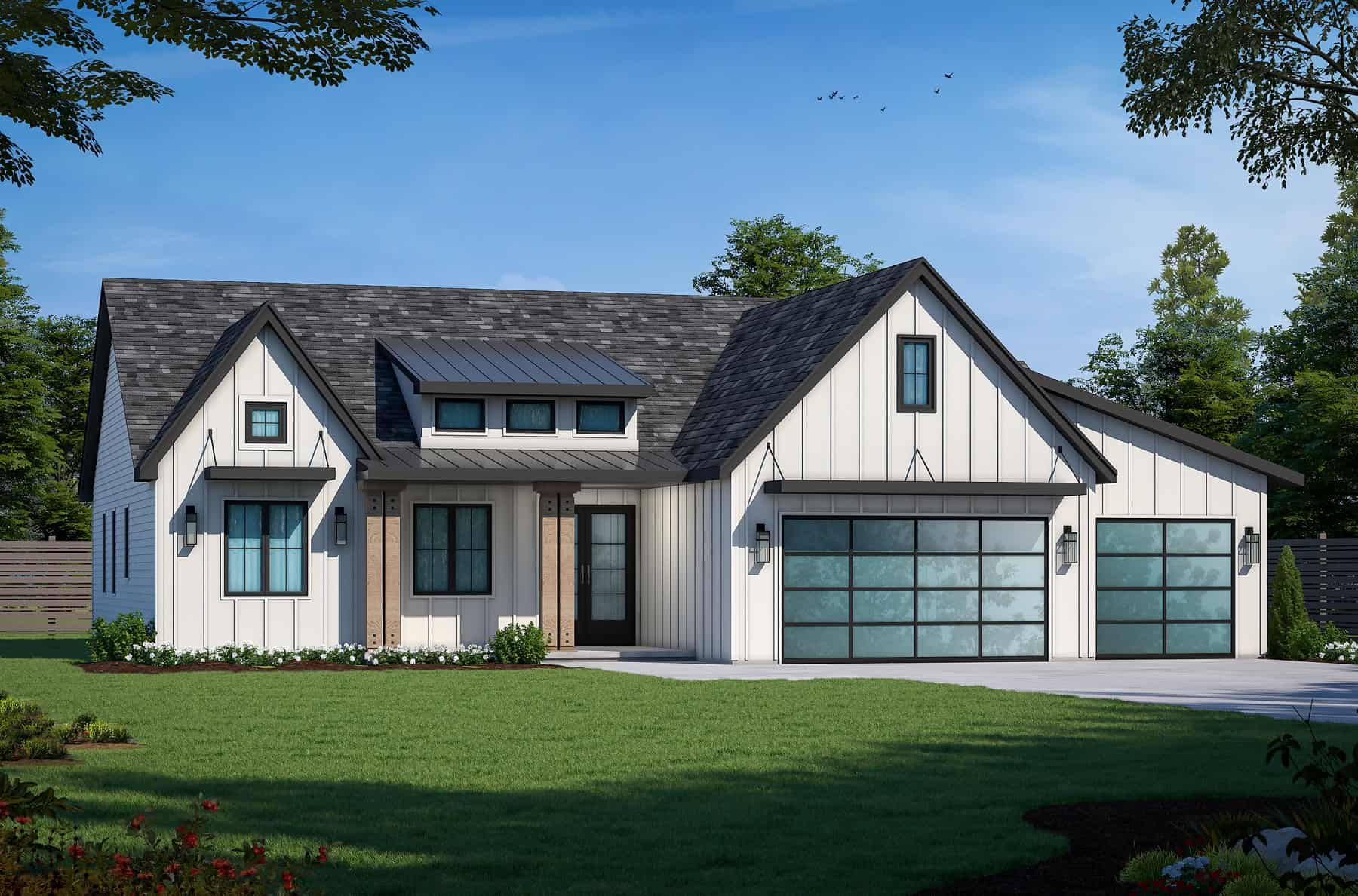 Front elevation of contemporary ranch (ThePlanCollection: House Plan #120-2758)