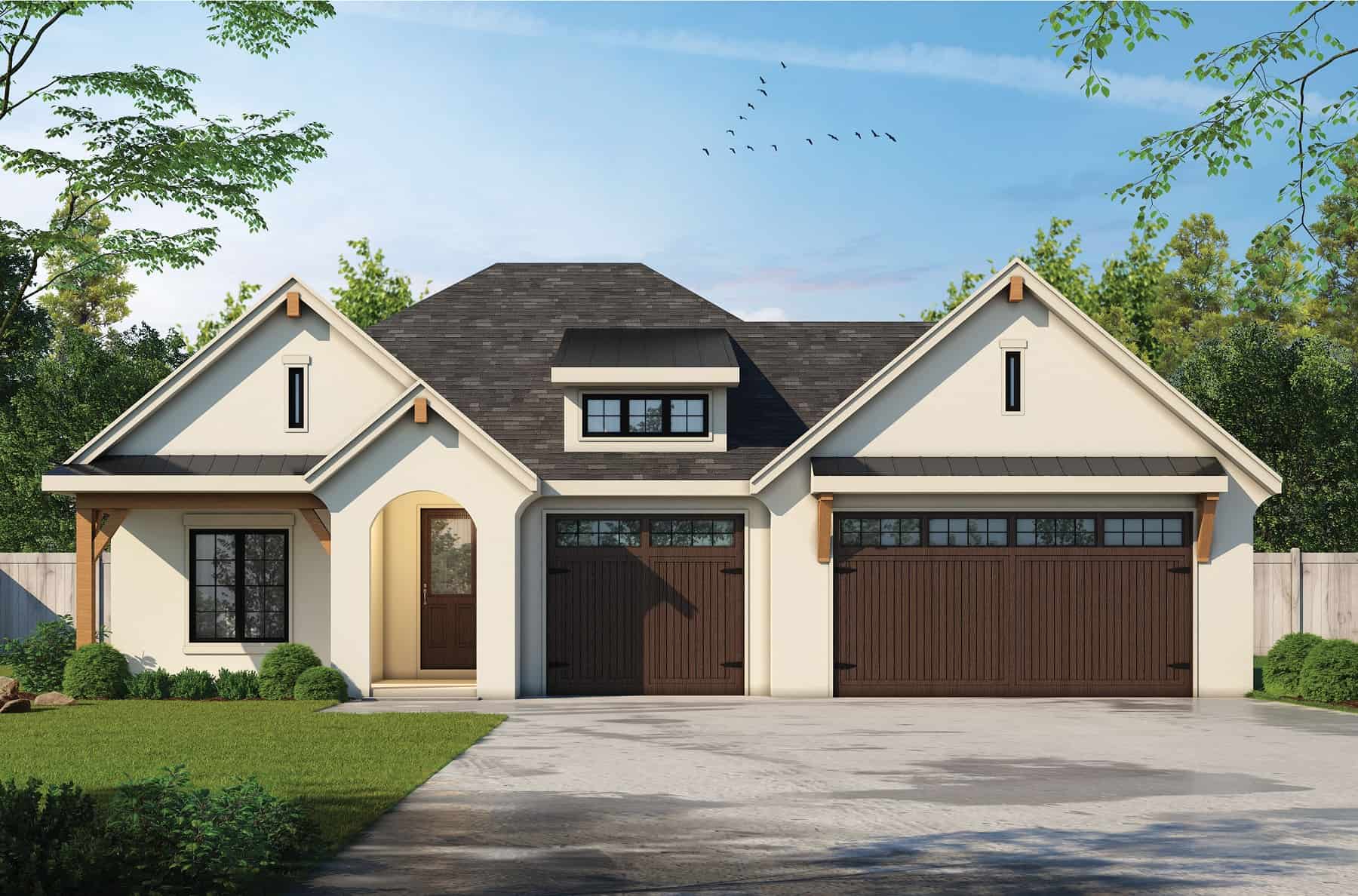 Front elevation of European-inspired ranch home (ThePlanCollection: House Plan #120-2767)