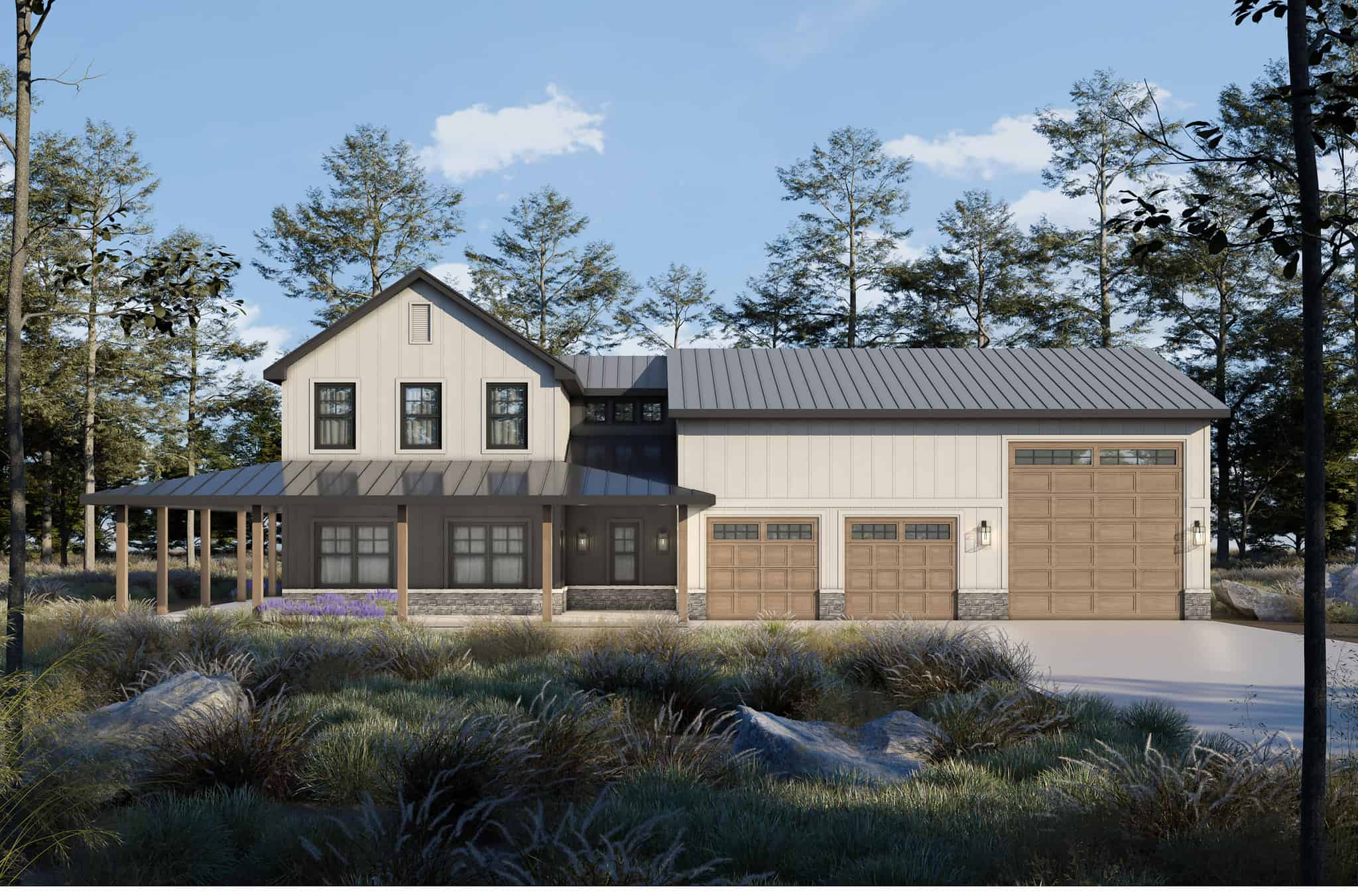Front elevation of Barndominium home (ThePlanCollection: House Plan #120-2811)