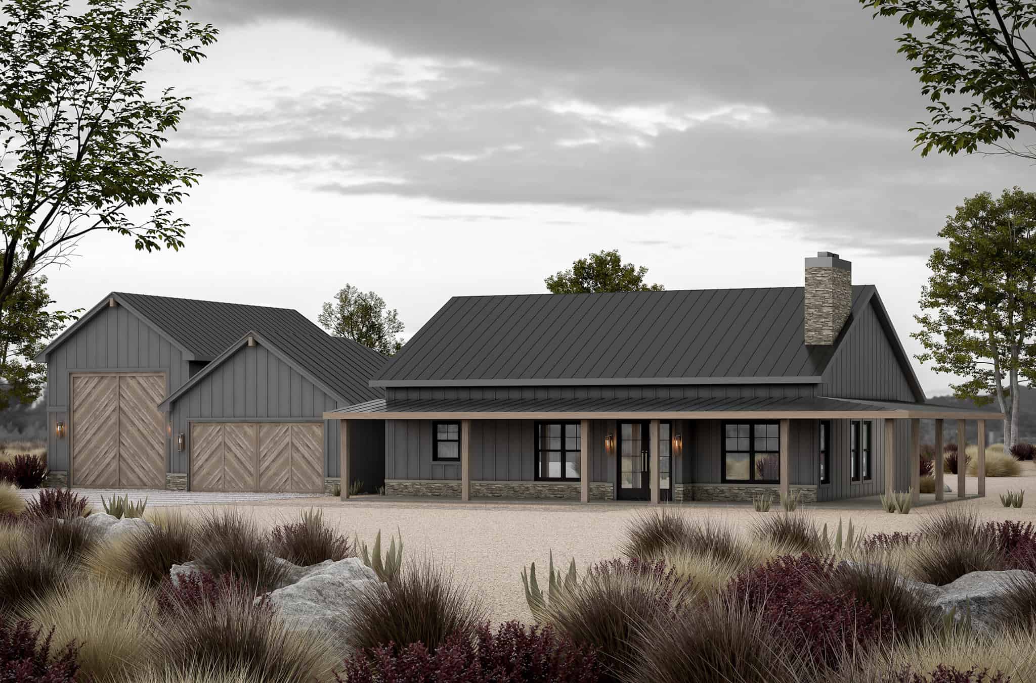 Front elevation of Barndominium home (ThePlanCollection: House Plan #120-2812)