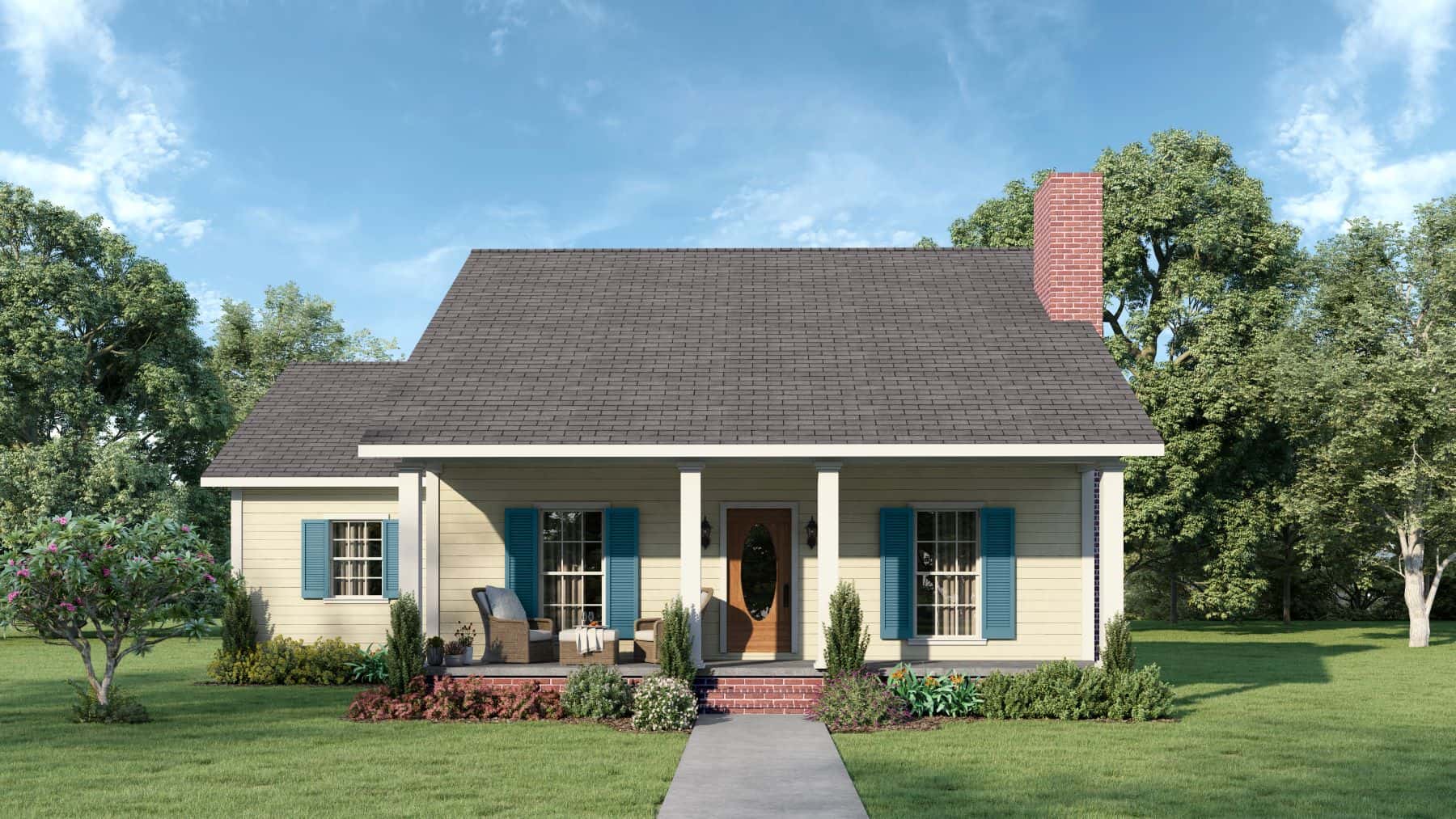 Color rendering of Country home plan (ThePlanCollection: House Plan #123-1019)