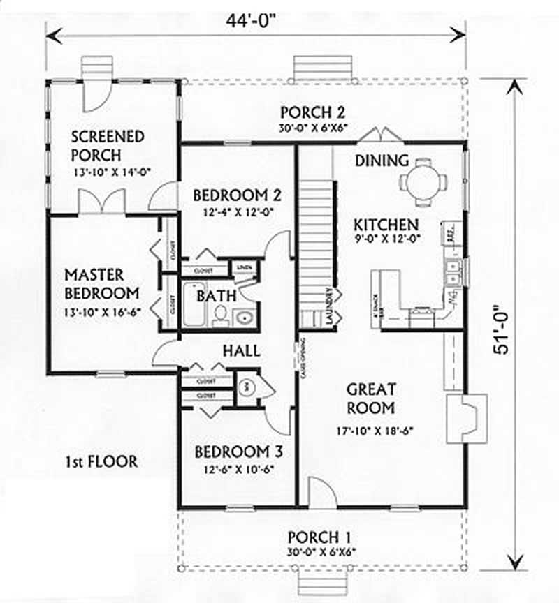 Floor Plan First Story of Country Plan #123-1019