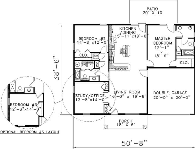 Floor Plan First Story of Ranch Plan #123-1021