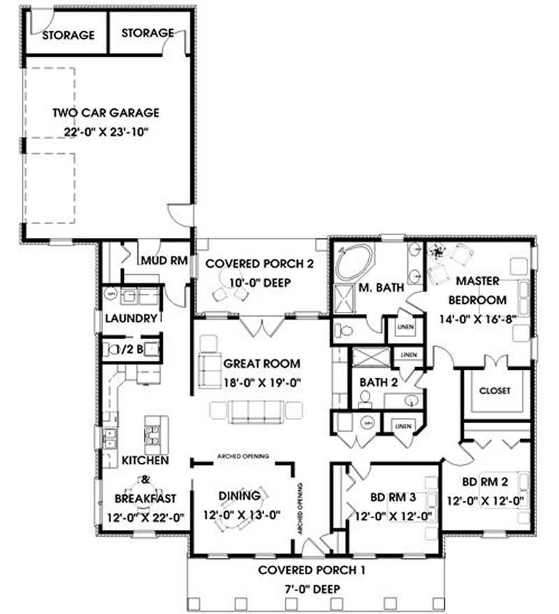 Floor Plan First Story of Southern Plan #123-1023