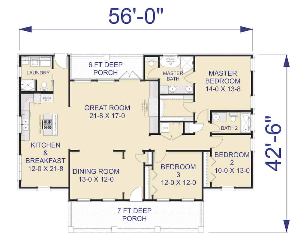 Floor Plan Main Level of Country Plan #123-1051