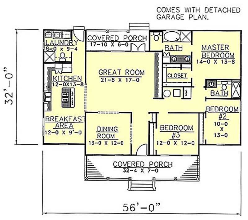 Floor Plan Main Level of Country Plan #123-1052