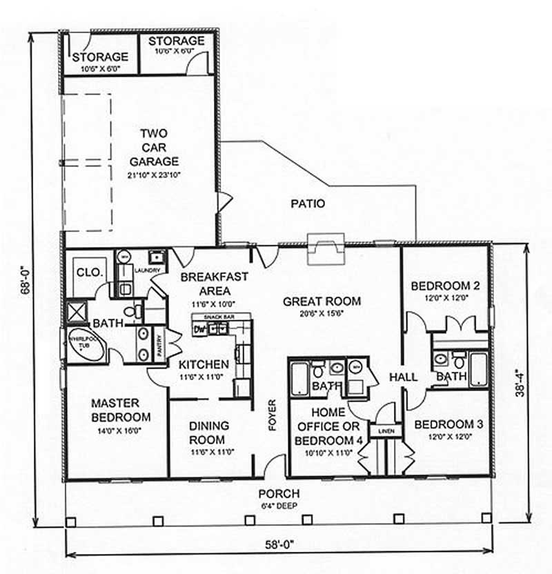 Floor Plan First Story of Southern Plan #123-1070