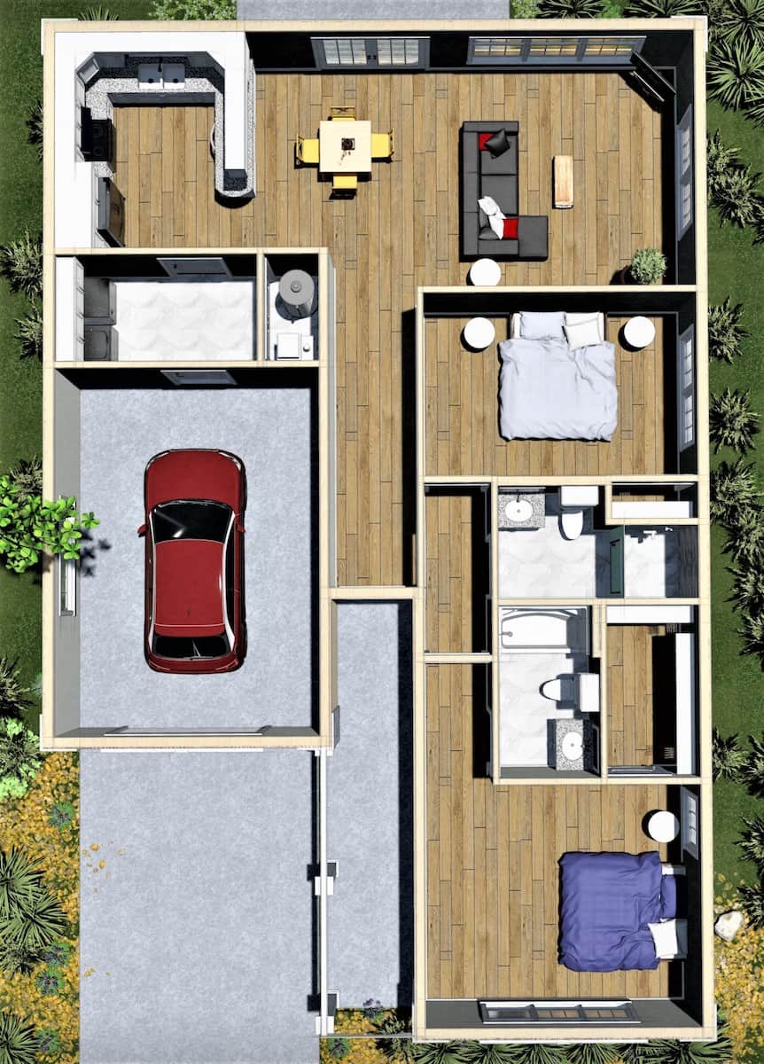 3D Floor Plan of this 2-Bedroom, 1312 Sq Ft Plan - 123-1090