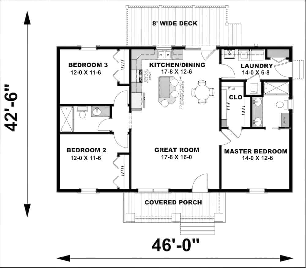 Floor Plan Main Level of Ranch Plan #123-1100