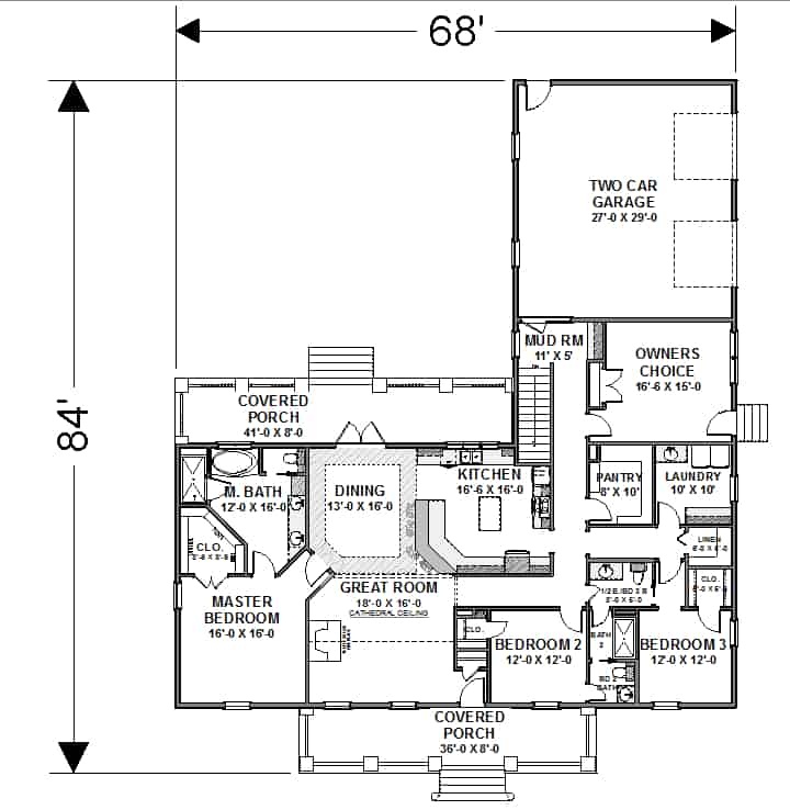 Floor Plan Main Level of Ranch Plan #123-1105