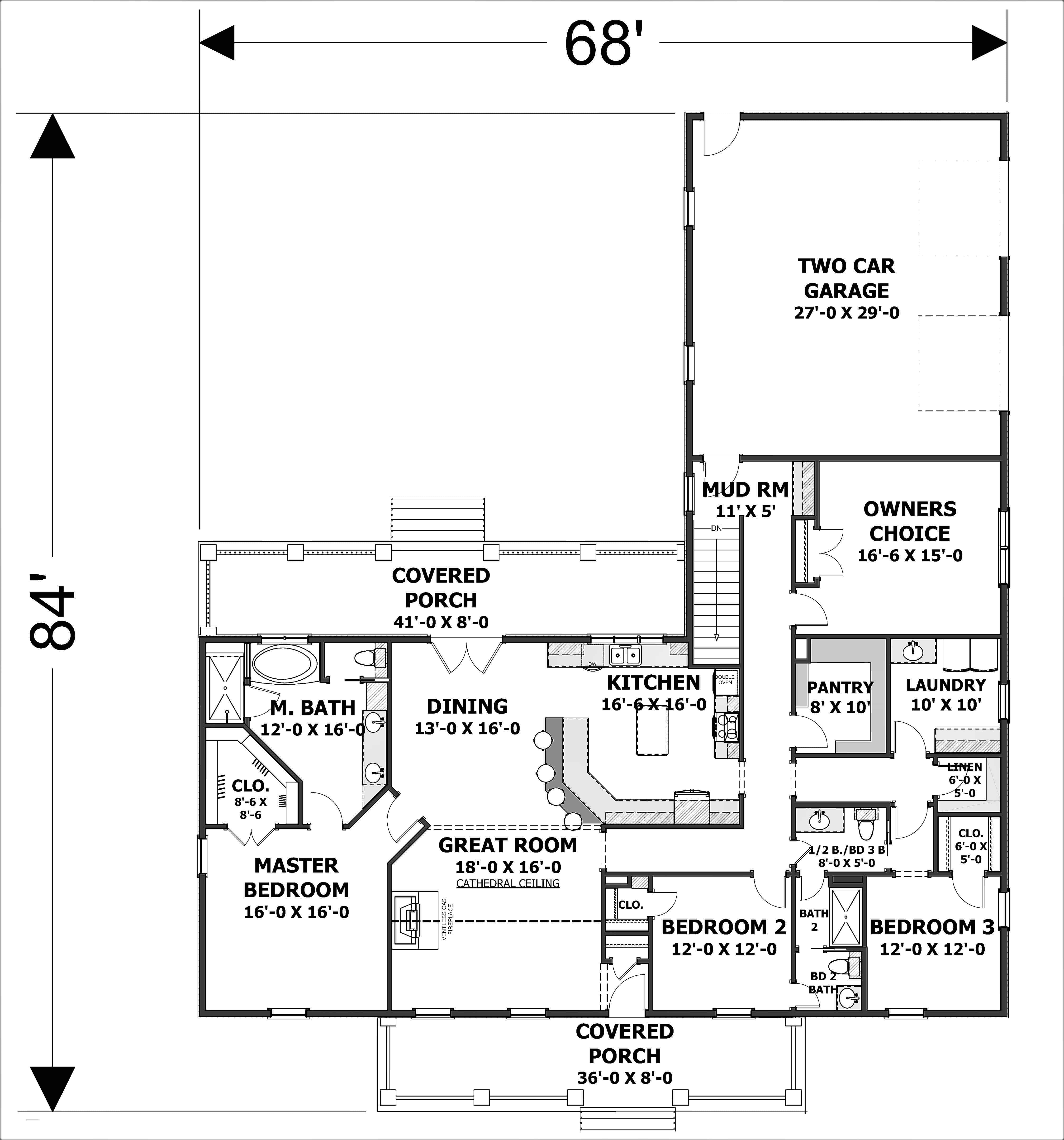 Floor Plan Main Level of Ranch Plan #123-1106