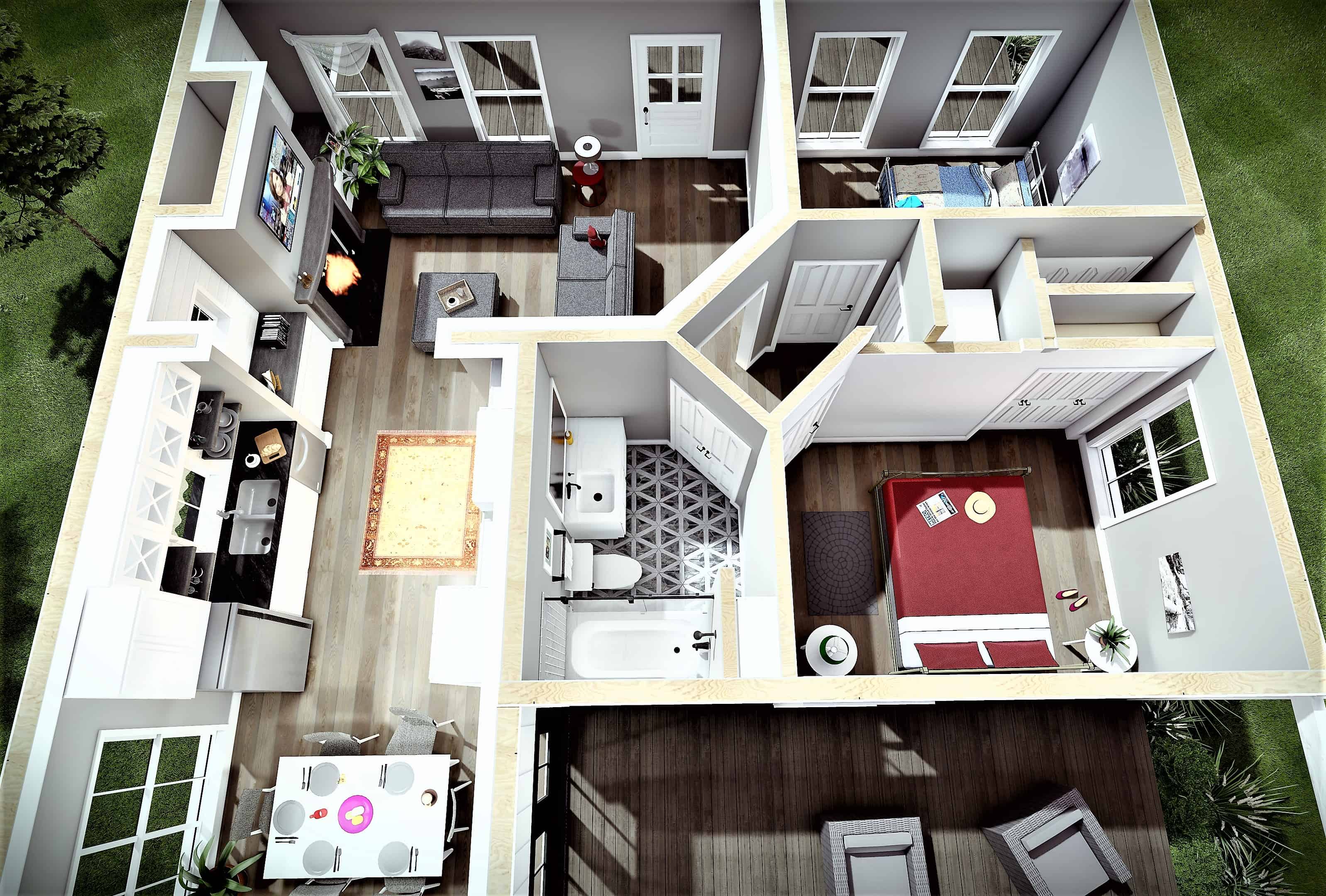 3D Floor Plan of this 2-Bedroom, 890 Sq Ft Plan - 123-1108