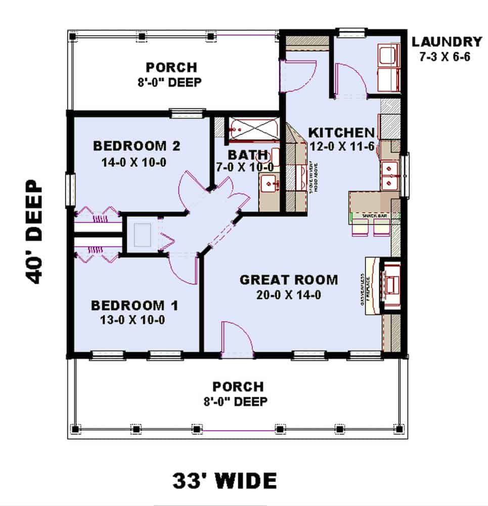 Floor Plan Main Level of Bungalow Plan #123-1109
