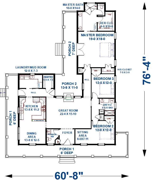 Floor Plan Main Level of Ranch Plan #123-1110