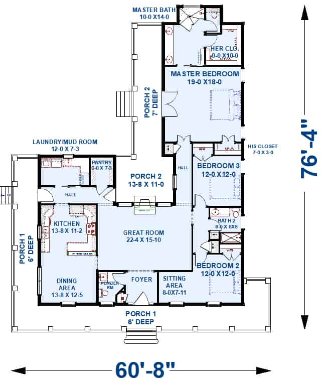 Floor Plan Main Level of Ranch Plan #123-1110