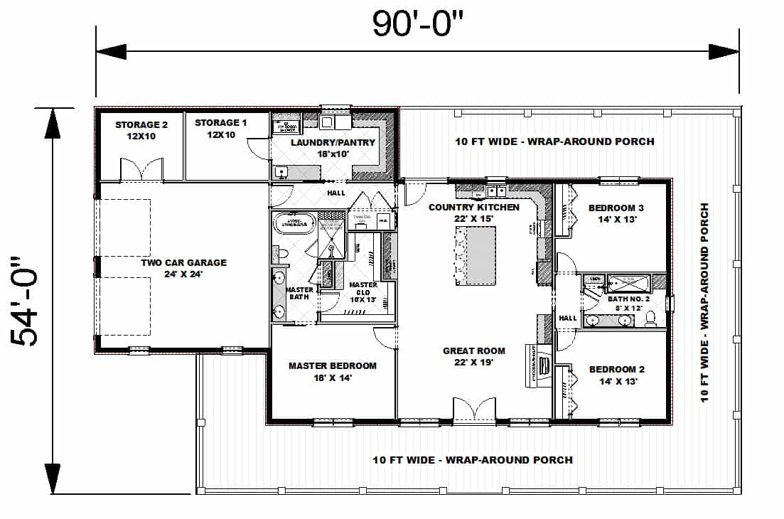 Floor Plan Main Level of Ranch Plan #123-1114