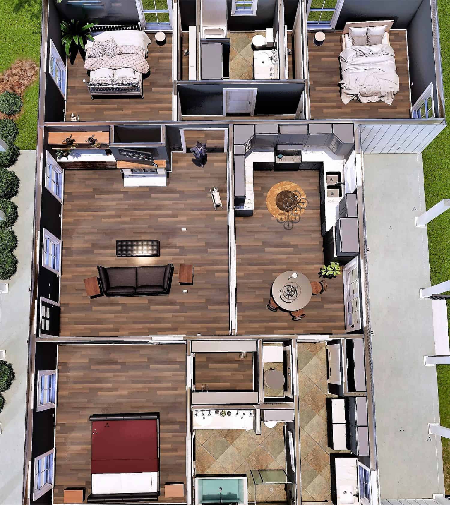 3D Floor Plan of this 3-Bedroom, 1629 Sq Ft Plan - 123-1127