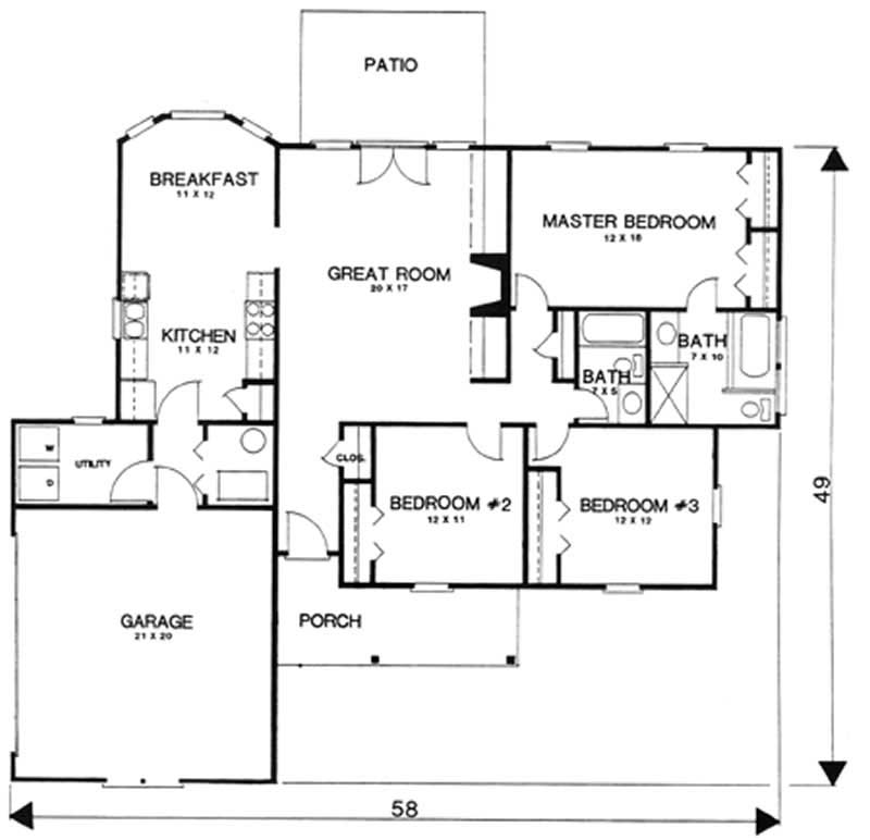 Floor Plan First Story of Ranch Plan #124-1001
