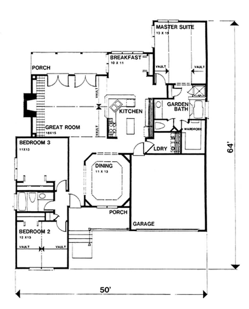 Floor Plan First Story of Ranch Plan #124-1027