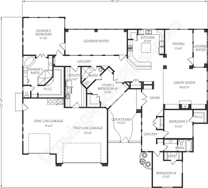 Floor Plan First Story of Southwest Plan #125-1001