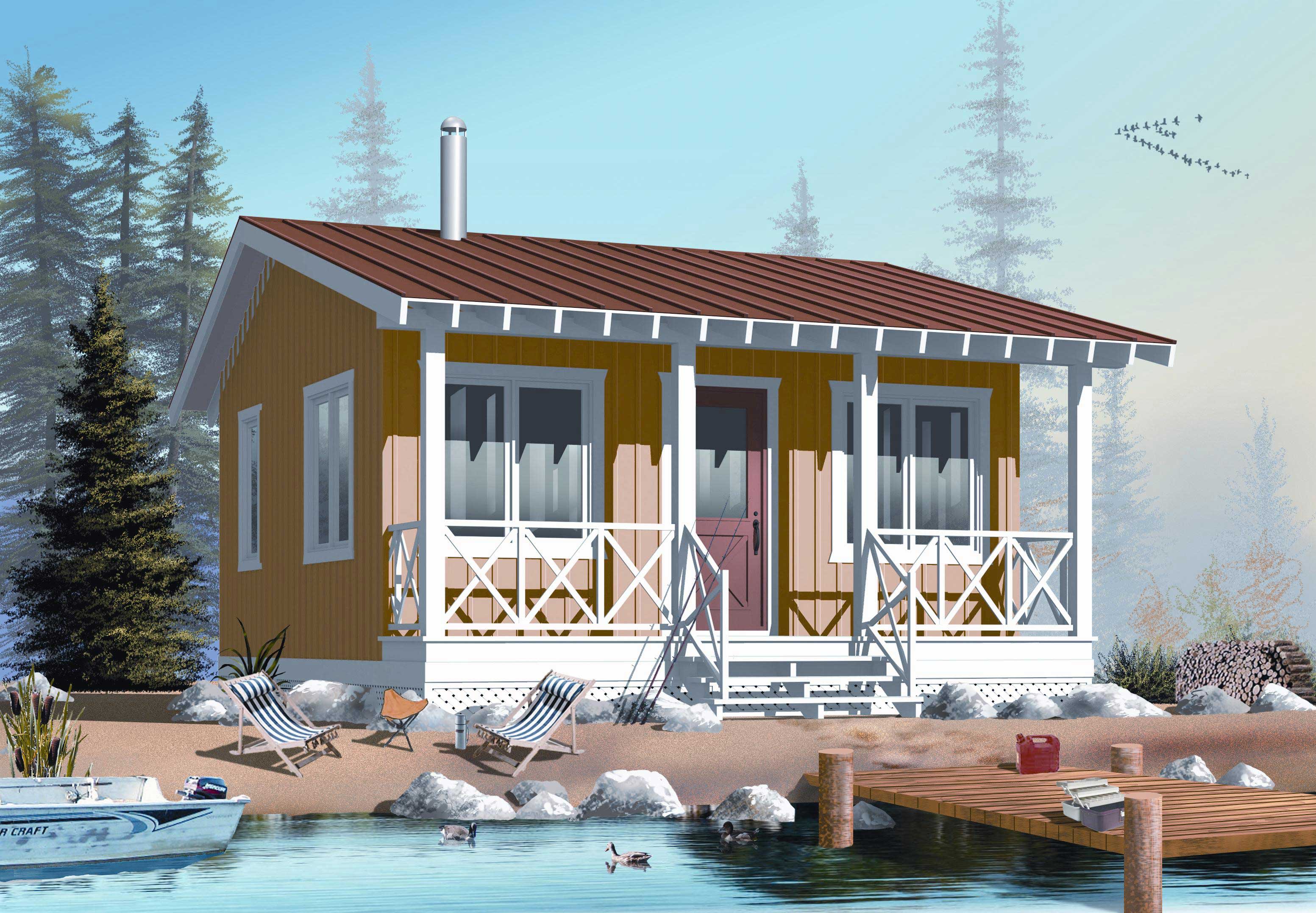 Front elevation of tiny cabin home (ThePlanCollection: House Plan #126-1022)
