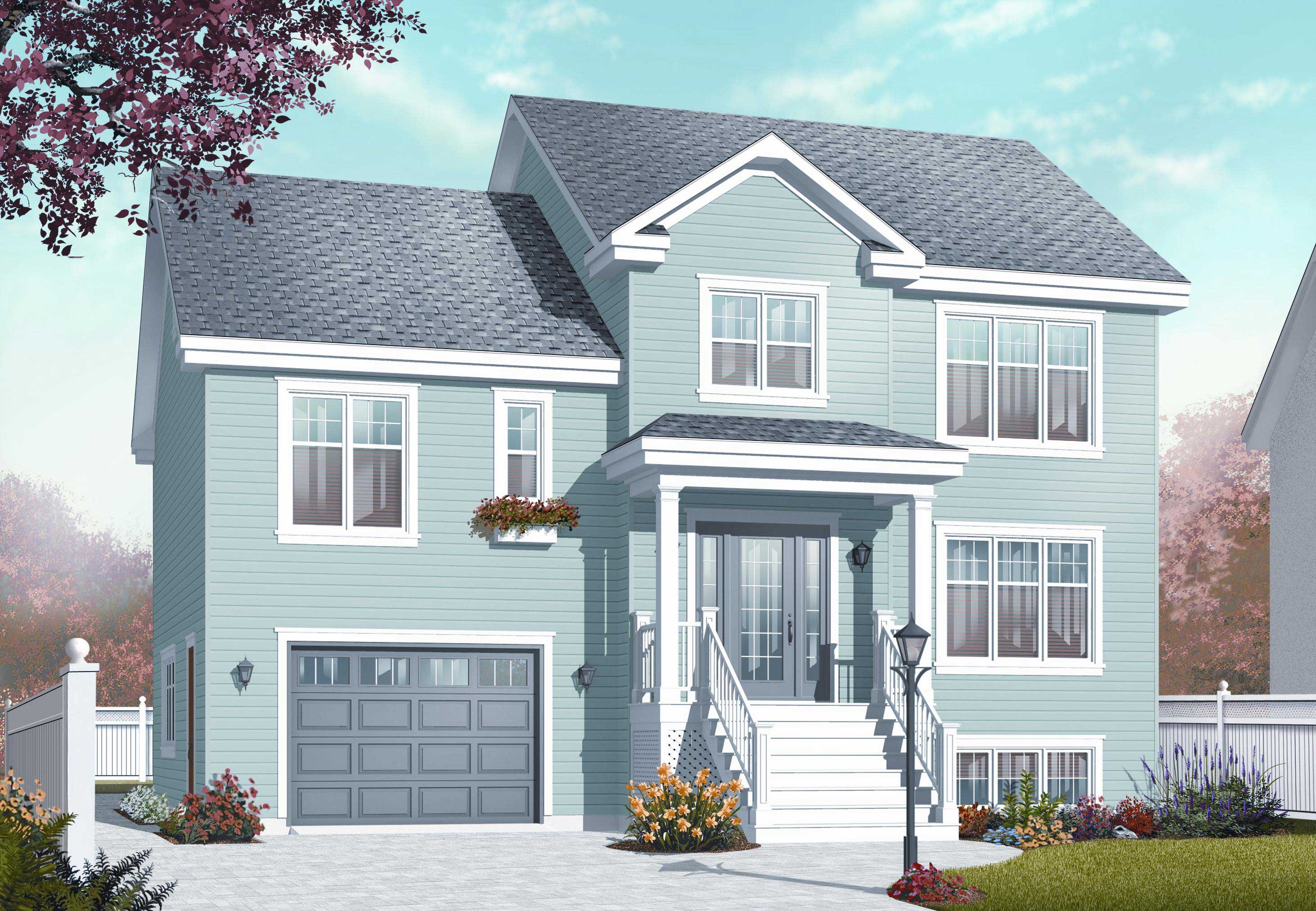 This is a computer rendered front elevation for these Split-Level house plans.