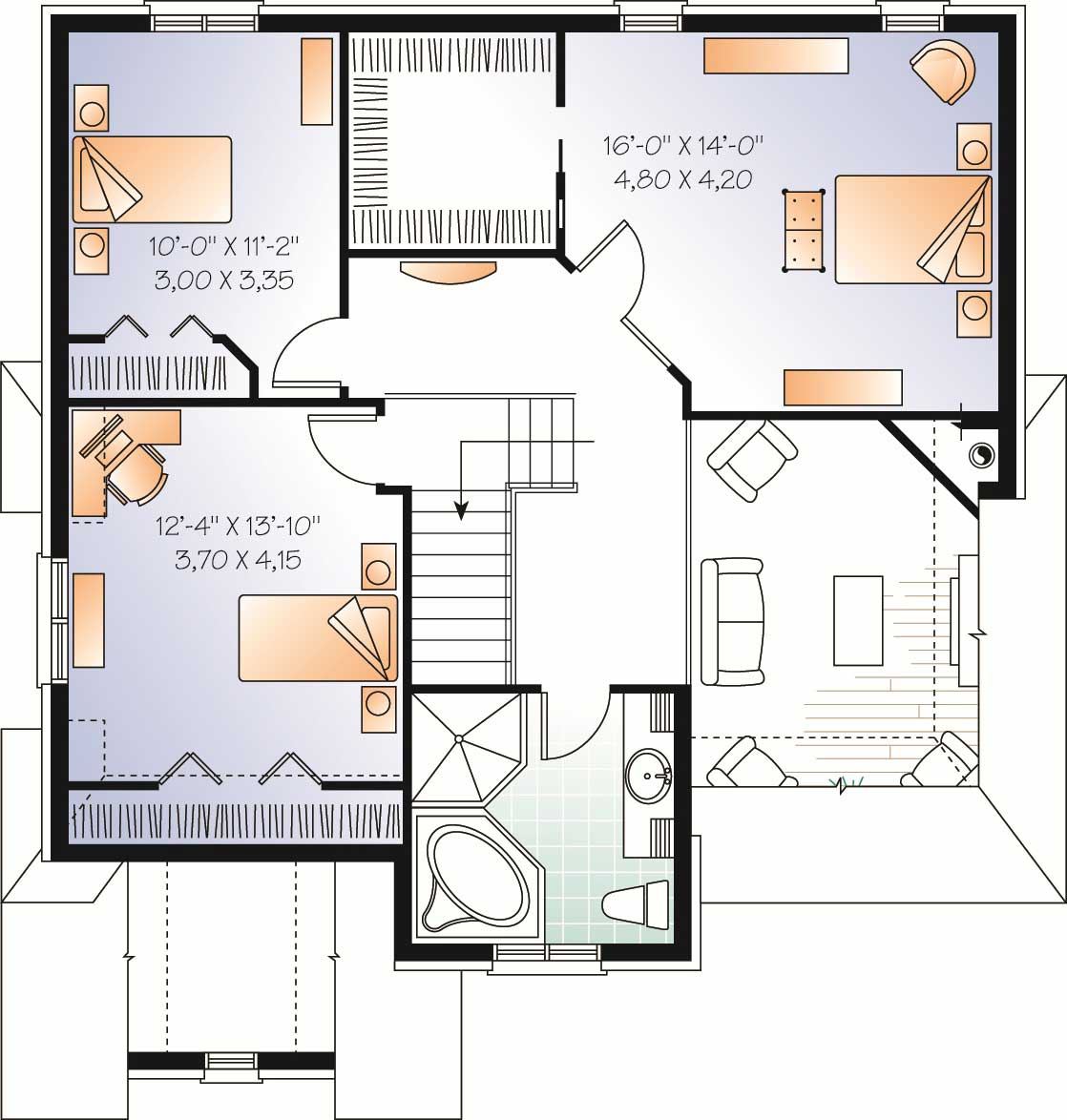 Floor Plan Second Story of European Plan #126-1068