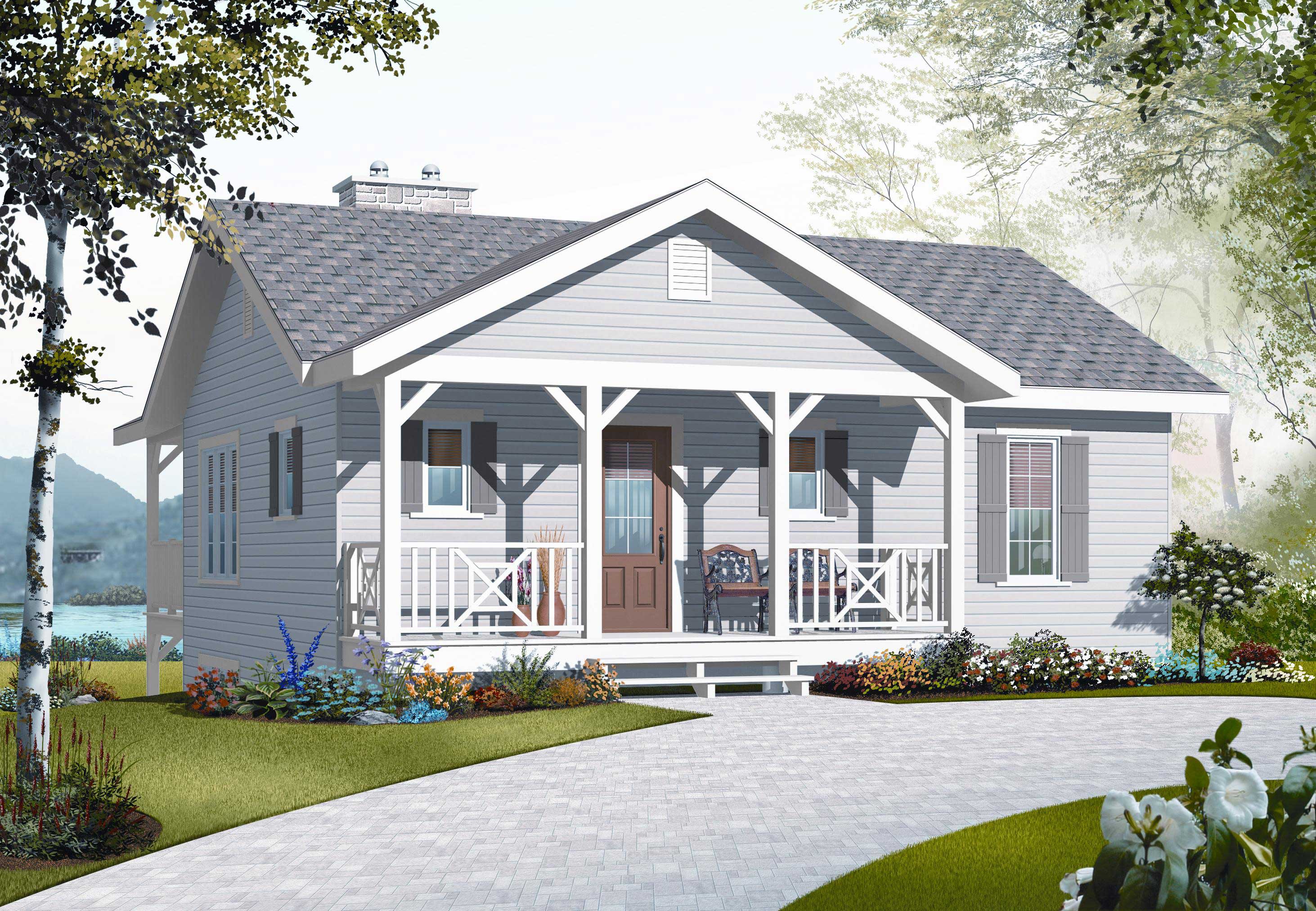 This is a computerized rendering of the front elevation of these Country House Plans.