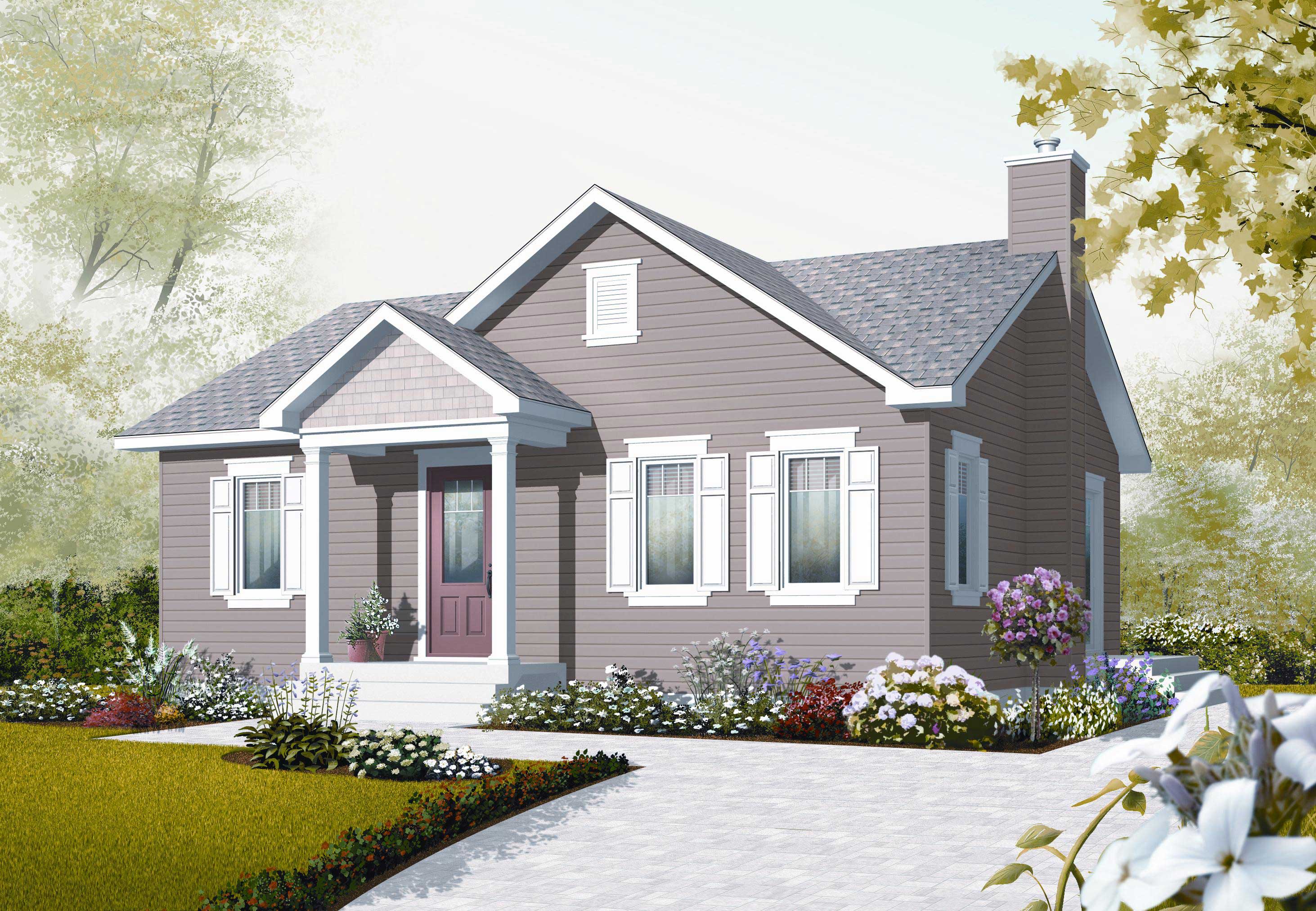 This image shows the front elevation of these Small House Plans.
