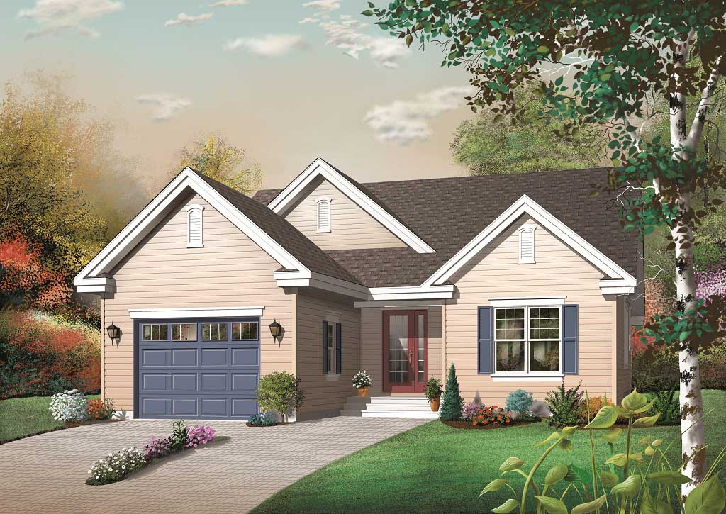 This image shows the front of these Small House Plans.