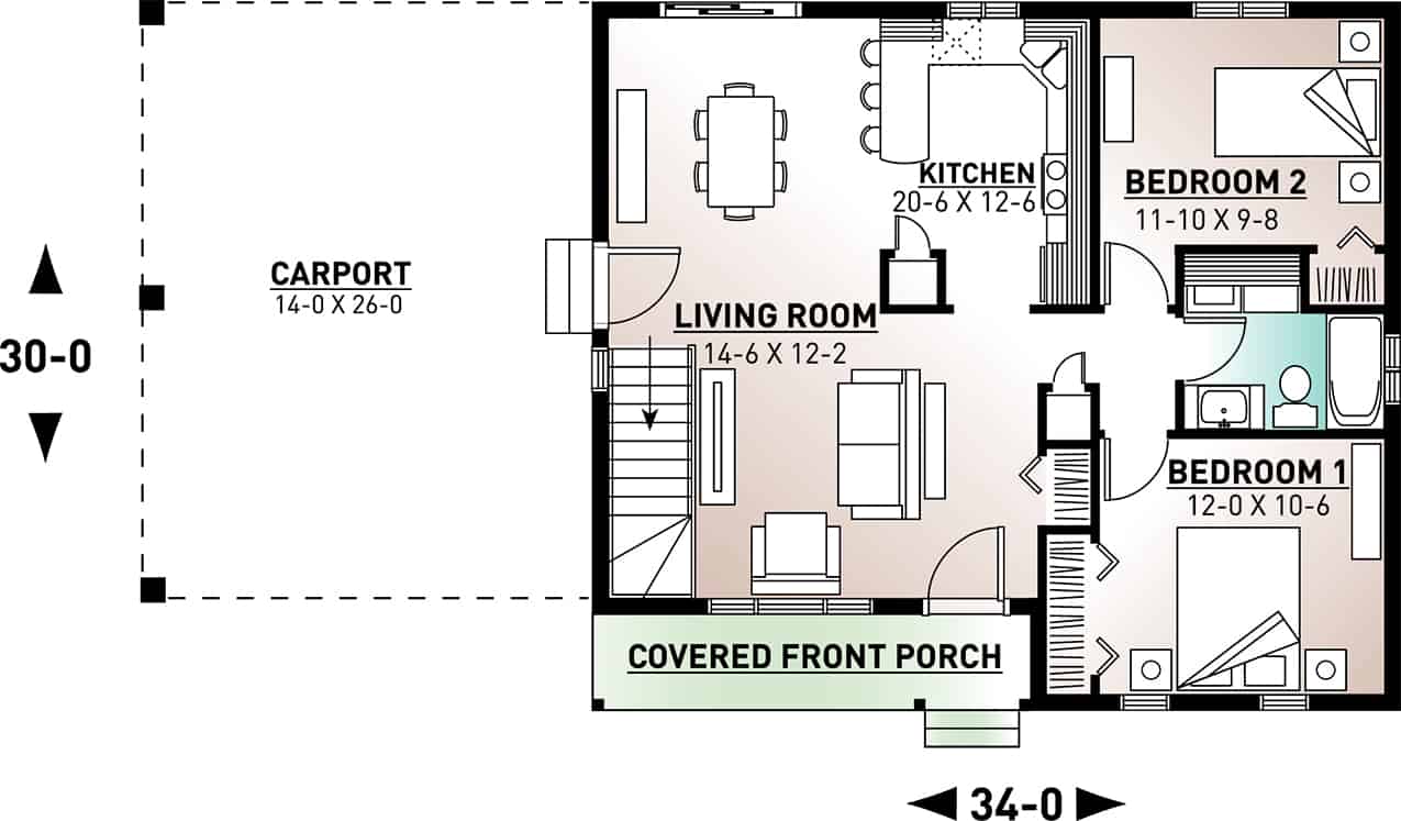Floor Plan Main Level of Ranch Plan #126-1206