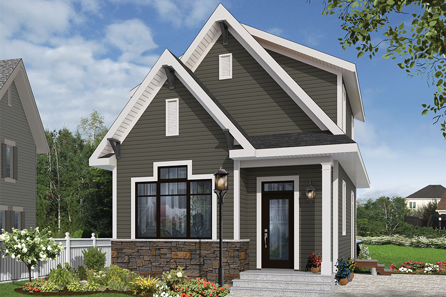 Color rendering of small Country home plan (ThePlanCollection: House Plan #126-1856)
