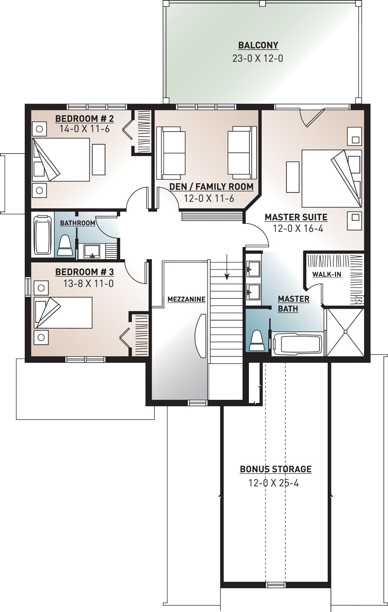 Floor Plan Upper Level of Craftsman Plan #126-1953