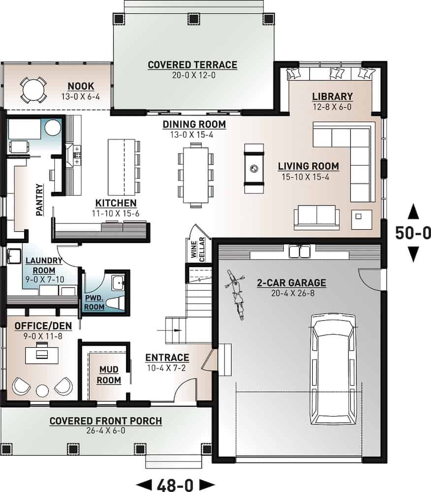 Floor Plan Main Level of Farmhouse Plan #126-1964