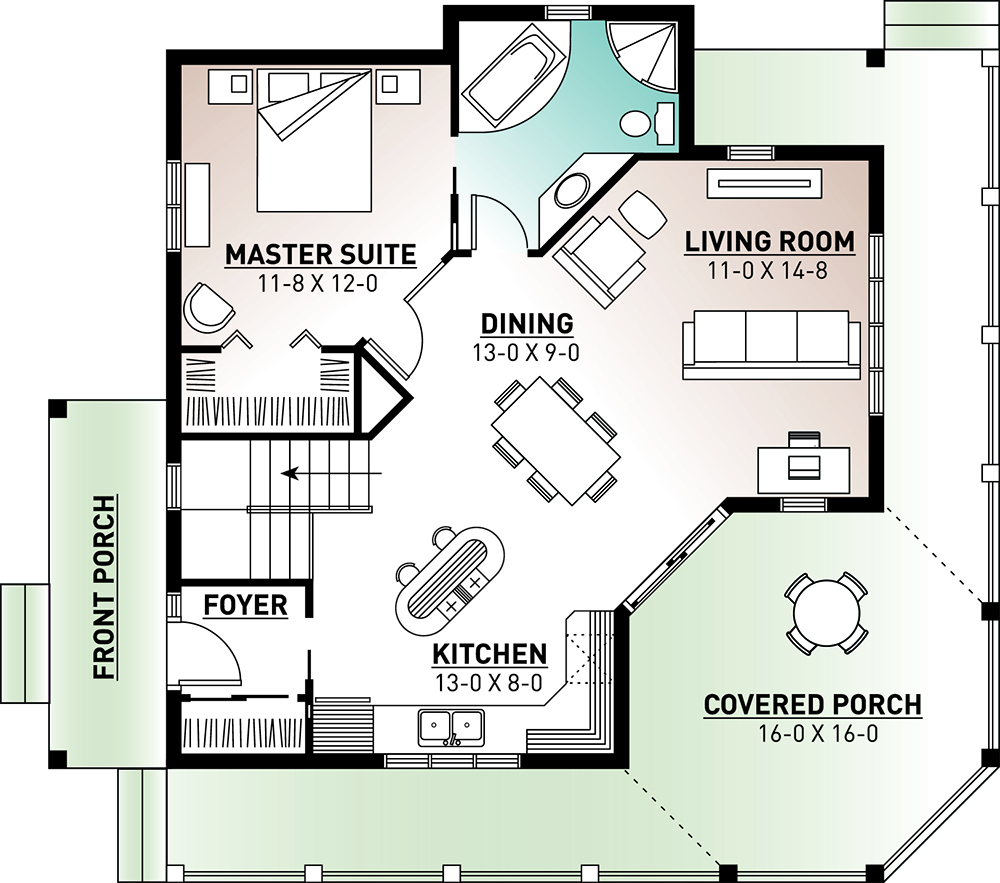 Floor Plan Main Level of Cottage Plan #126-1971