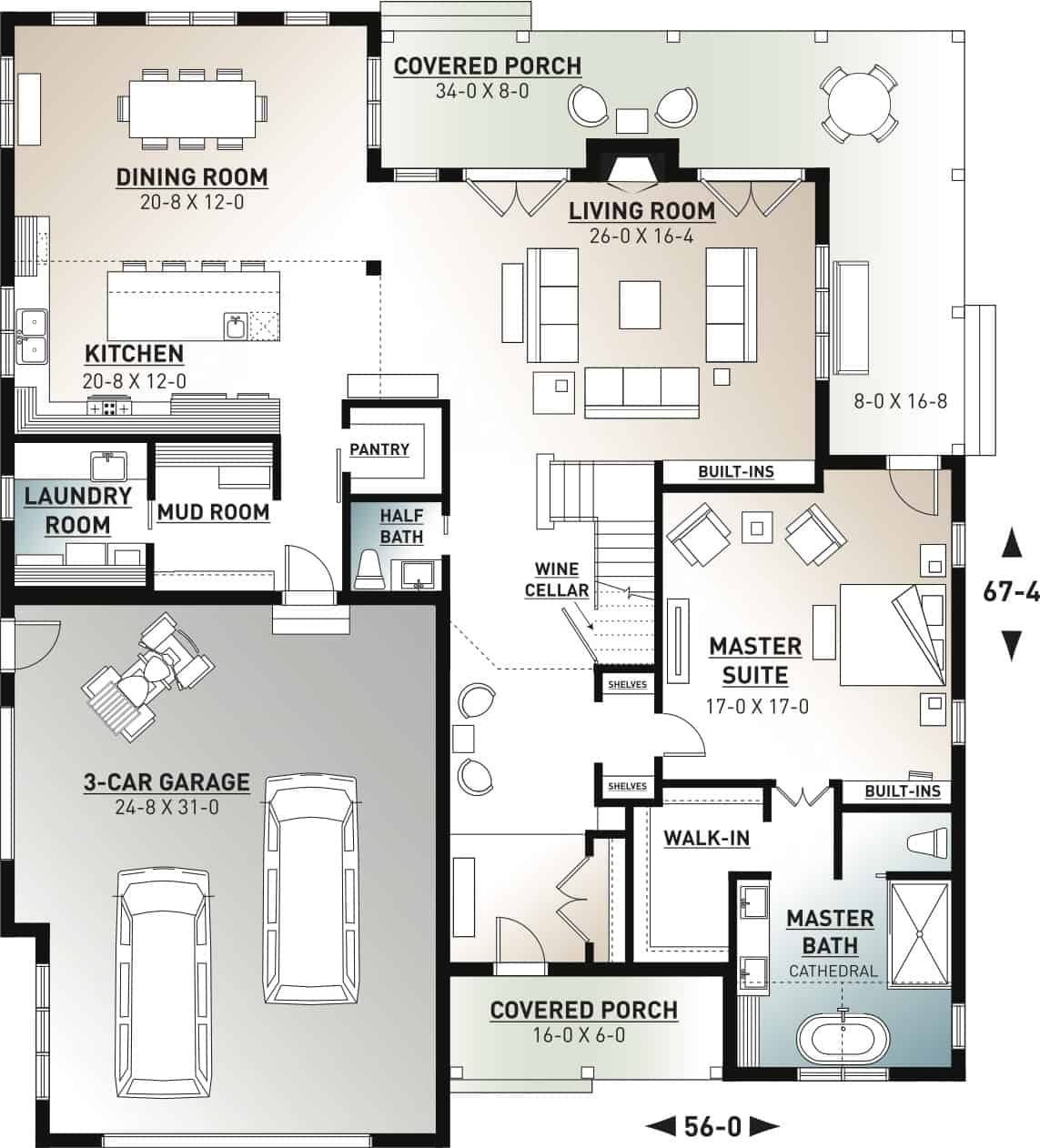 Floor Plan Main Level of Farmhouse Plan #126-1976