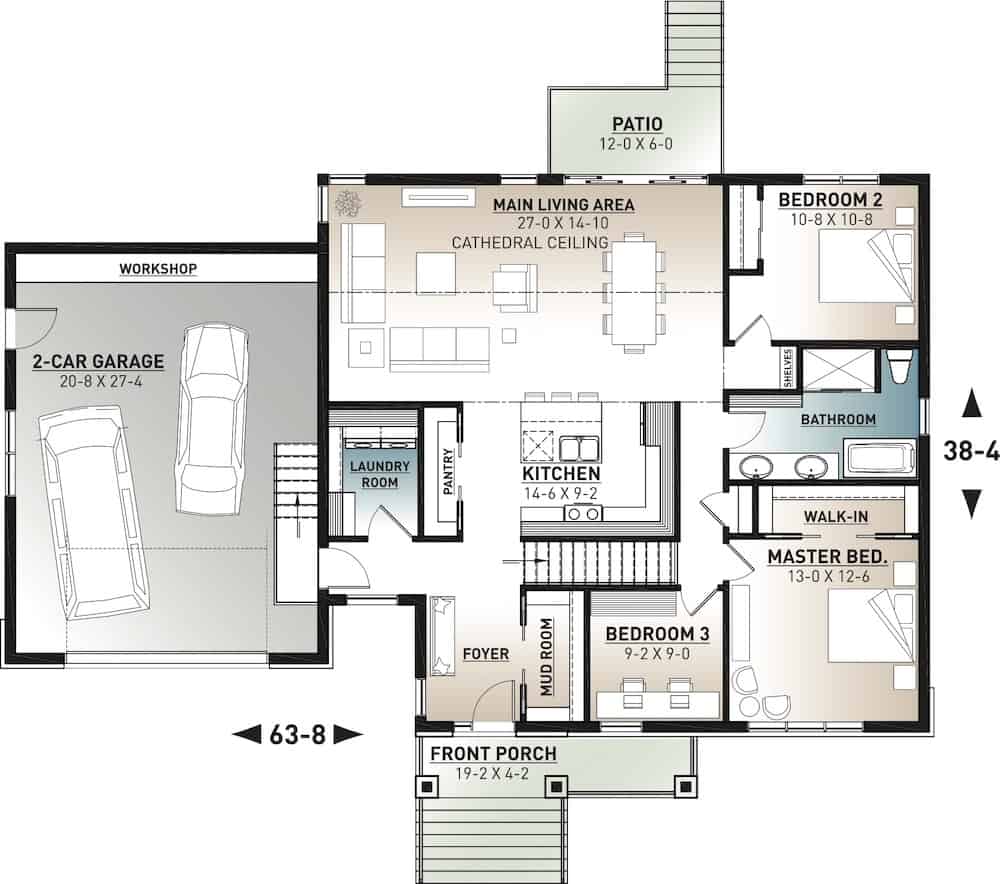 Floor Plan Main Level of Ranch Plan #126-1991