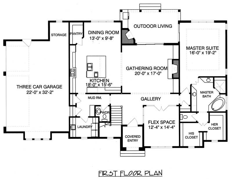 Floor Plan First Story of Country Plan #127-1013